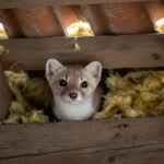 Fouine regardant depuis les combles d'une maison avec des poutres en bois visibles
