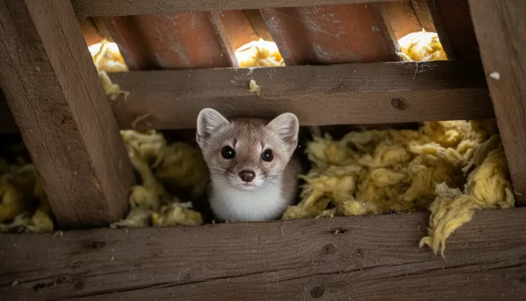 Fouine regardant depuis les combles d'une maison avec des poutres en bois visibles