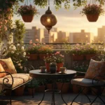 Balcon fleuri et décoré avec plantes vertes, coussins colorés et lanternes au coucher de soleil