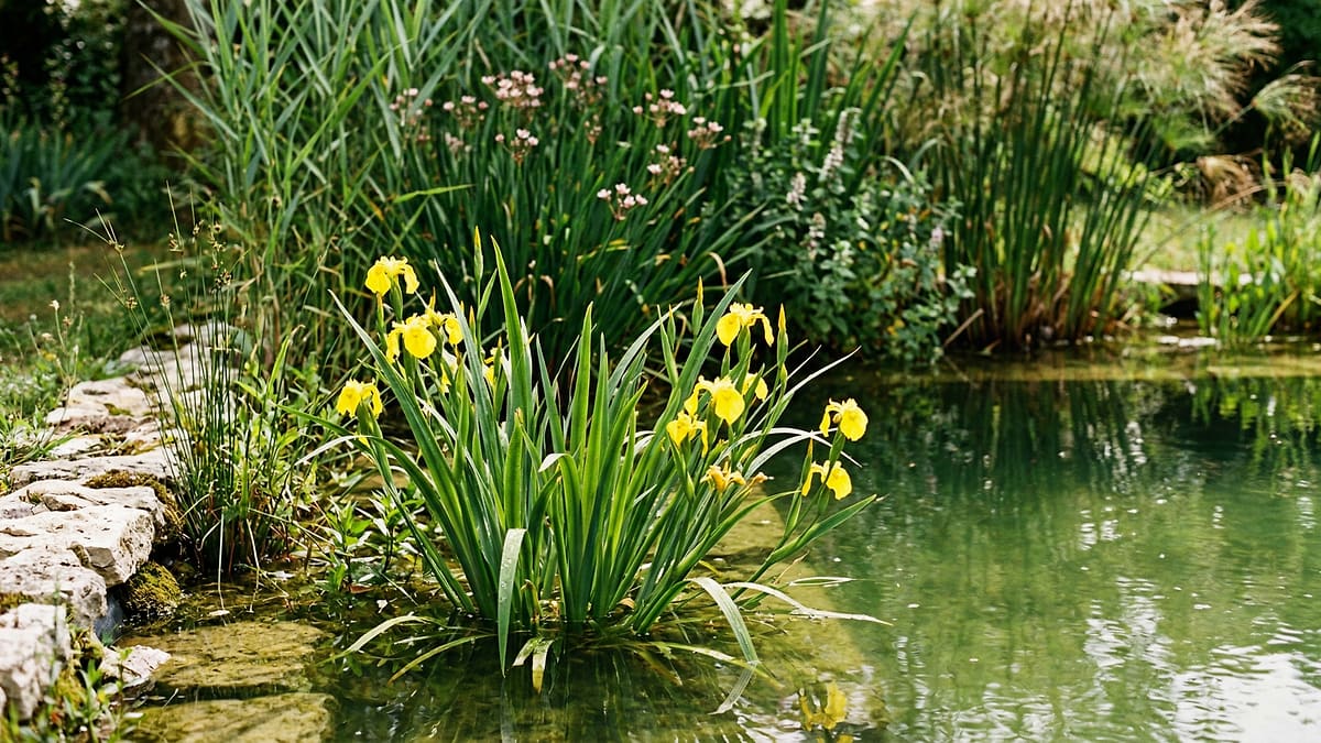 Zone de lagunage d'une piscine naturelle du Bassin d'Arcachon avec roseaux, iris des marais et joncs