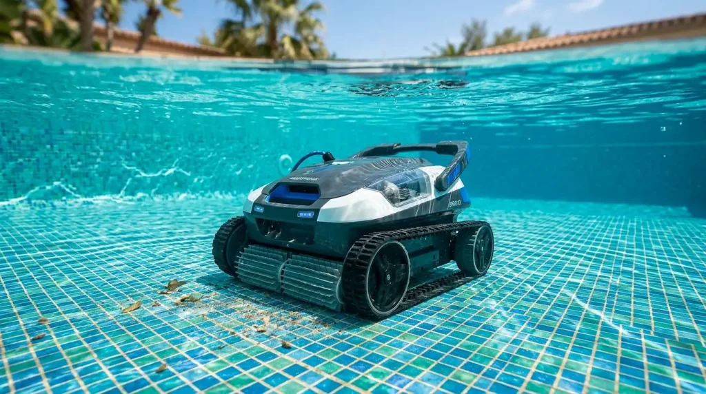 robot de piscine sans fil au fond d'une piscine extérieure
