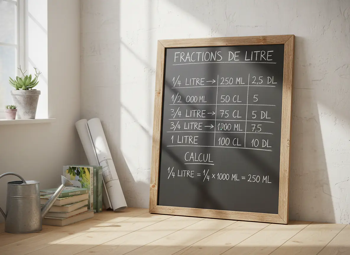 Tableau complet : fractions de litre en ml, cl et dl