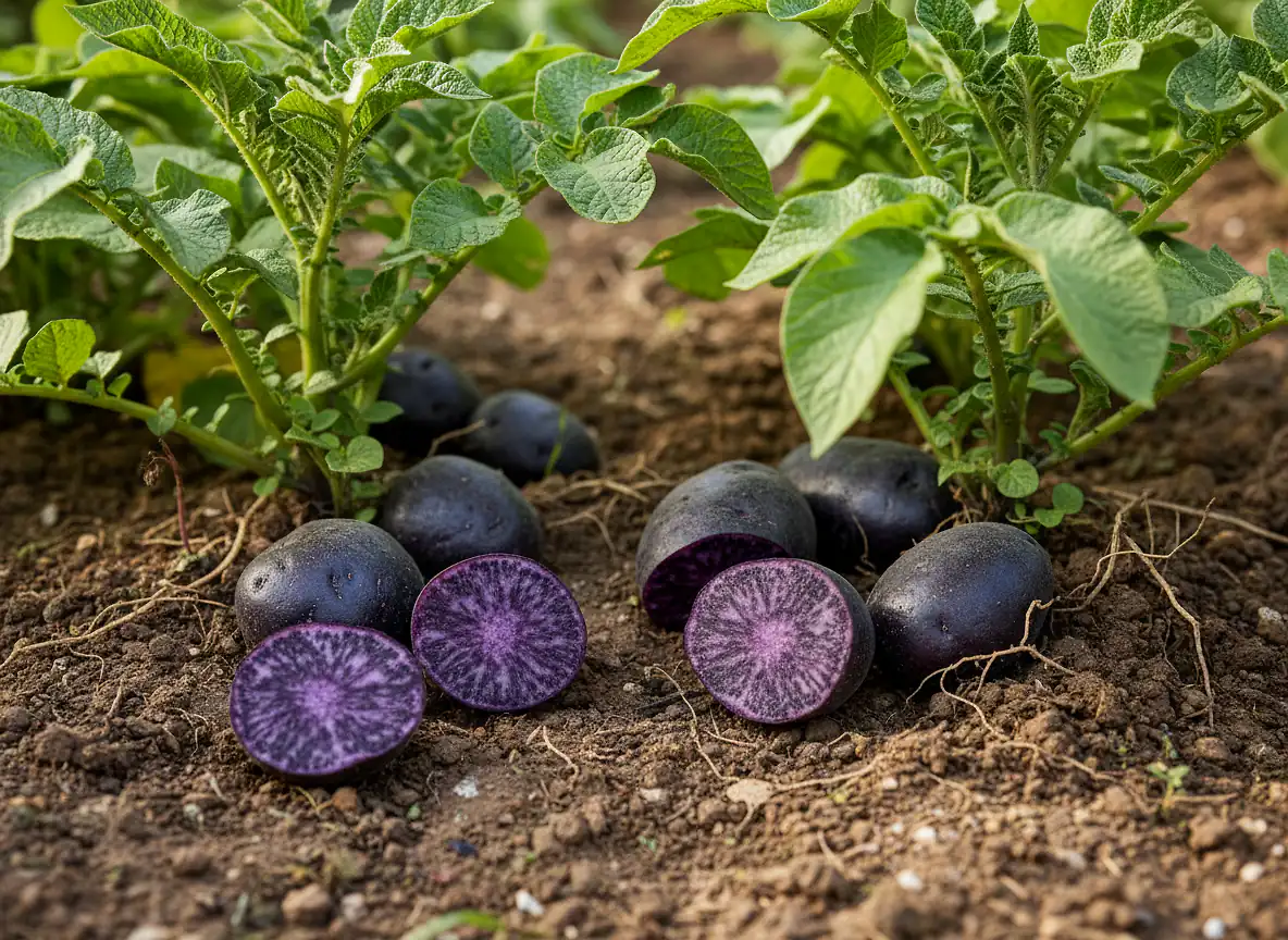 Plants de pommes de terre vitelotte au potager