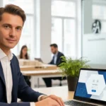Agent immobilier français devant écran de connexion IAD