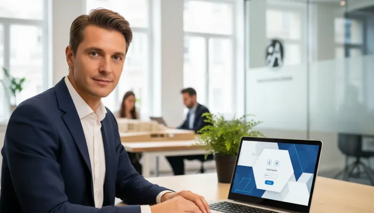 Agent immobilier français devant écran de connexion IAD