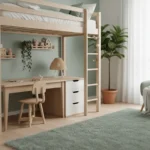 Chambre enfant lumineuse style scandinave avec lit mezzanine, bois naturel et teintes douces