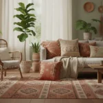Salon aménagé en style bohème avec tapis berbère, plantes tropicales et luminaires doux