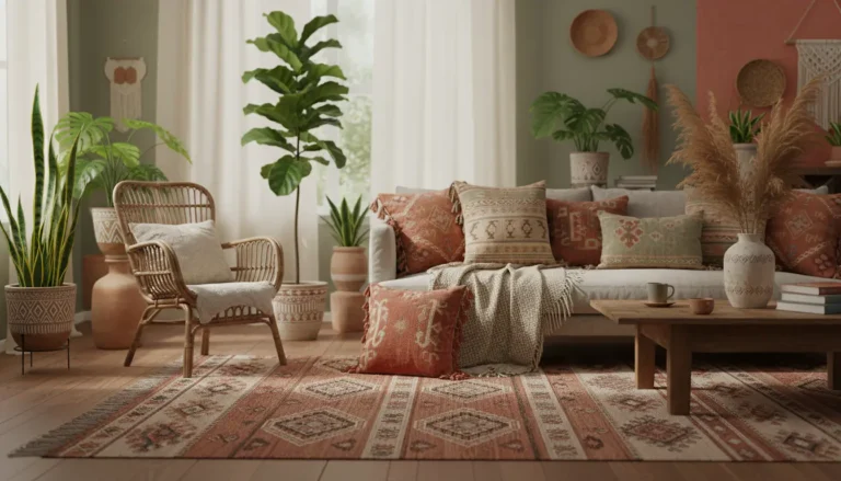Salon aménagé en style bohème avec tapis berbère, plantes tropicales et luminaires doux