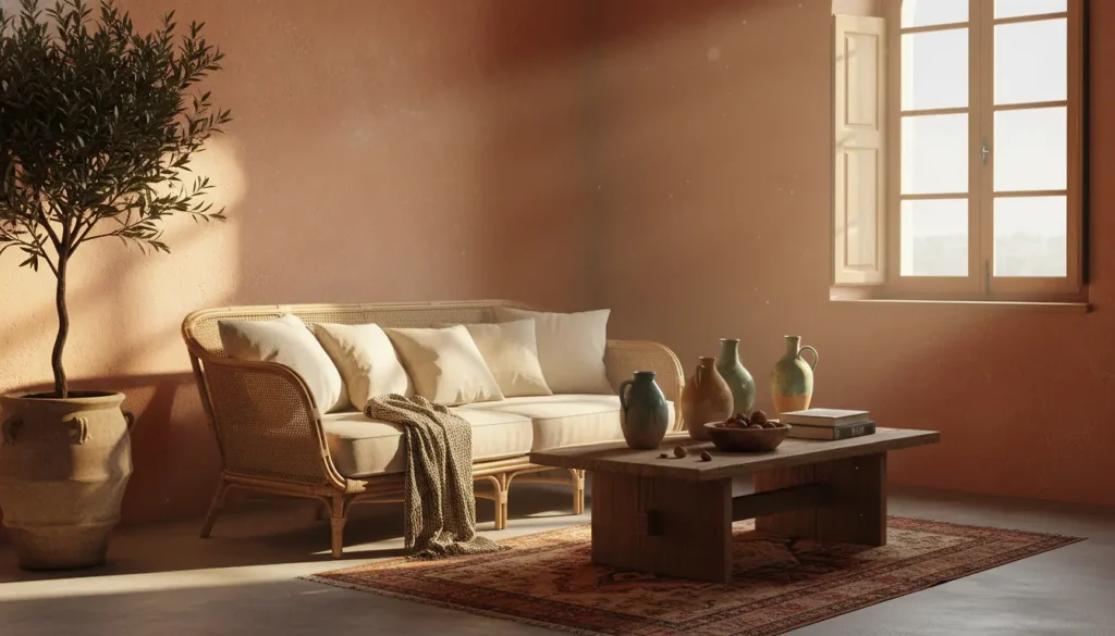 Salon méditerranéen dolce vita avec canapé en lin, rotin, murs terracotta et lumière dorée de l'après-midi