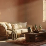 Salon méditerranéen dolce vita avec canapé en lin, rotin, murs terracotta et lumière dorée de l'après-midi