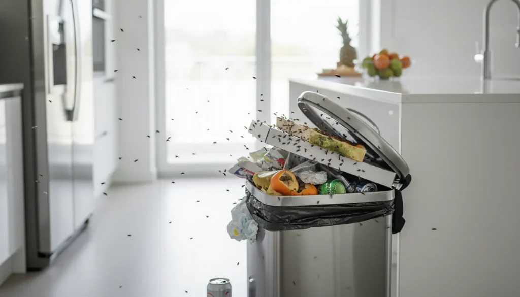 Cuisine moderne avec poubelle ouverte attirant des mouches : source typique d'apparition d'asticots