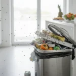 Cuisine moderne avec poubelle ouverte attirant des mouches : source typique d'apparition d'asticots