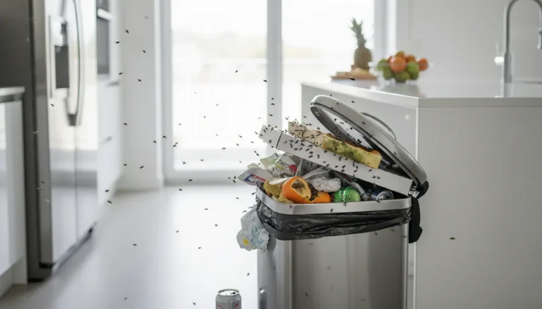Cuisine moderne avec poubelle ouverte attirant des mouches : source typique d'apparition d'asticots