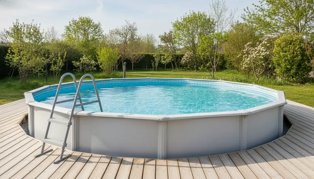 Piscine hors-sol tubulaire dans un jardin résidentiel au printemps, eau cristalline et terrasse en bois clair