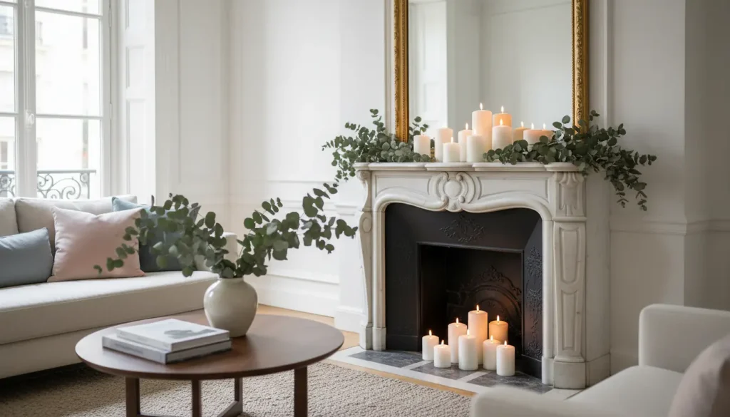 Cheminée décorée dans un salon contemporain avec manteau blanc, miroir doré et bougies
