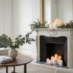 Cheminée décorée dans un salon contemporain avec manteau blanc, miroir doré et bougies