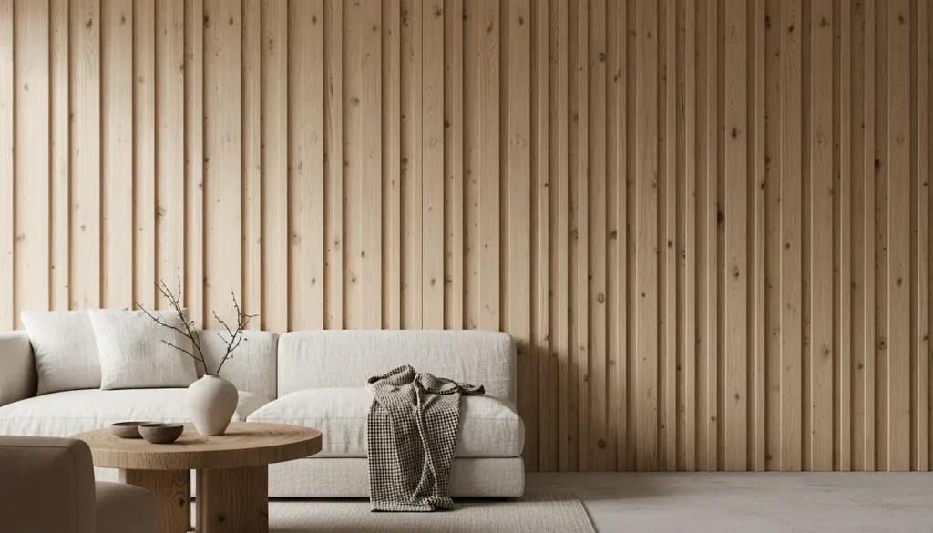 Mur de salon habillé de tasseaux en chêne clair, décoration bois murale contemporaine