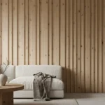 Mur de salon habillé de tasseaux en chêne clair, décoration bois murale contemporaine