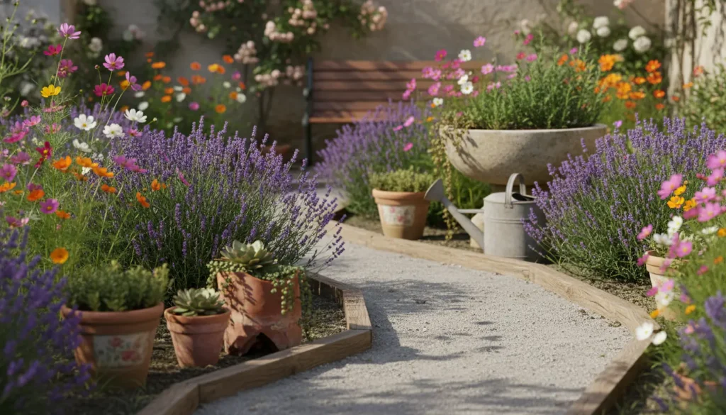 Jardin aménagé pas cher avec allée de gravier, plantes vivaces colorées et mobilier récupéré