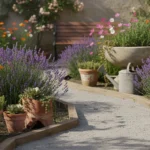 Jardin aménagé pas cher avec allée de gravier, plantes vivaces colorées et mobilier récupéré