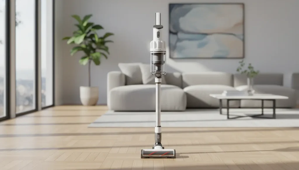Aspirateur balai sans fil posé dans un salon moderne au parquet clair et lumineux
