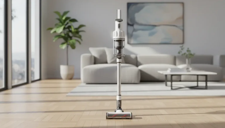 Aspirateur balai sans fil posé dans un salon moderne au parquet clair et lumineux