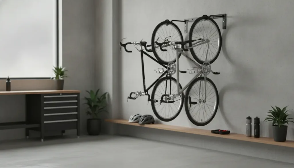 Râtelier vélo mural en métal noir avec deux vélos suspendus dans un garage organisé et bien éclairé