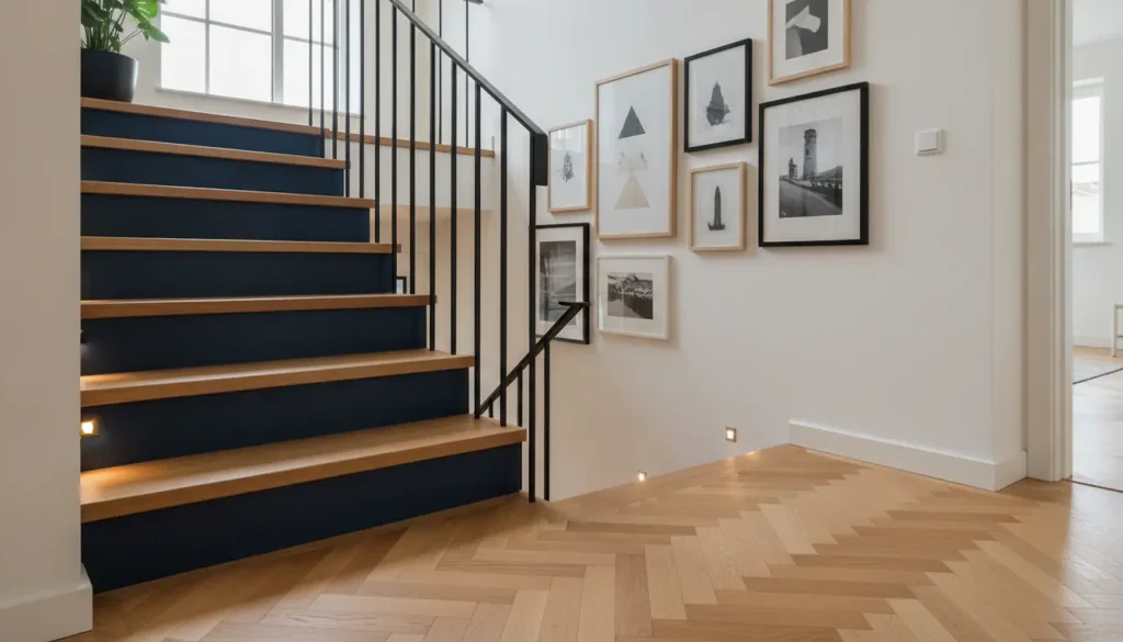 Escalier intérieur décoré avec contremarches colorées et rampe en métal noir