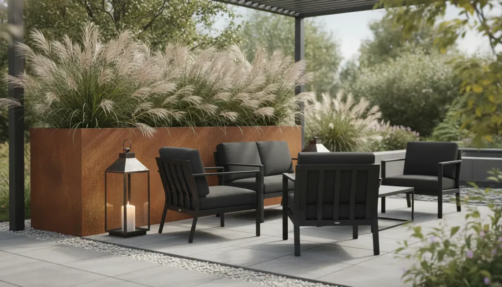 Salon de jardin en métal noir et bac en acier Corten avec graminées dans un jardin contemporain