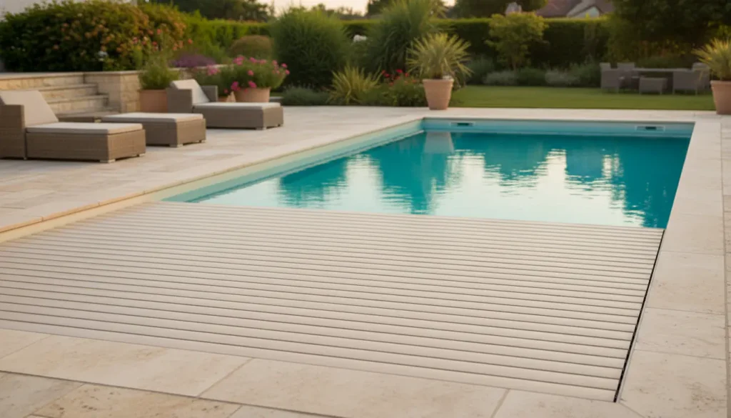 Volet roulant de piscine bloqué avec lames immergées à la surface du bassin