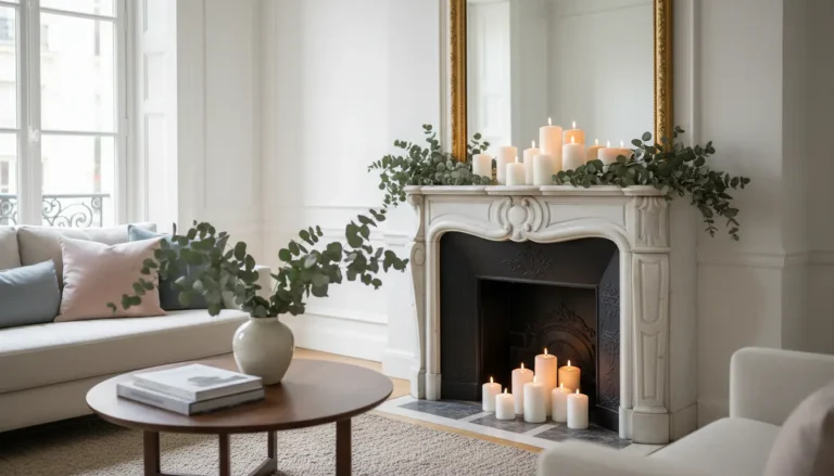 Cheminée décorée dans un salon contemporain avec manteau blanc, miroir doré et bougies