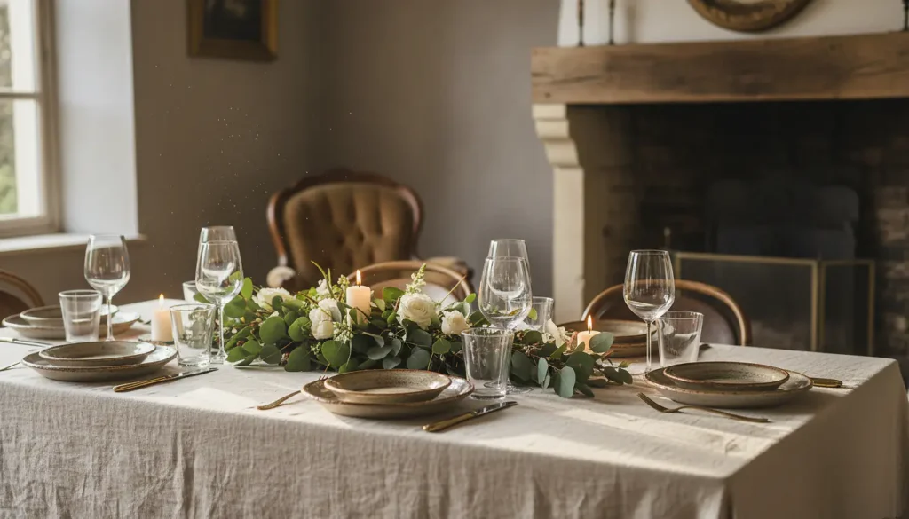 Table dressée avec nappe en lin naturel, centre floral champêtre et bougies blanches