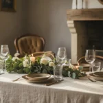 Table dressée avec nappe en lin naturel, centre floral champêtre et bougies blanches