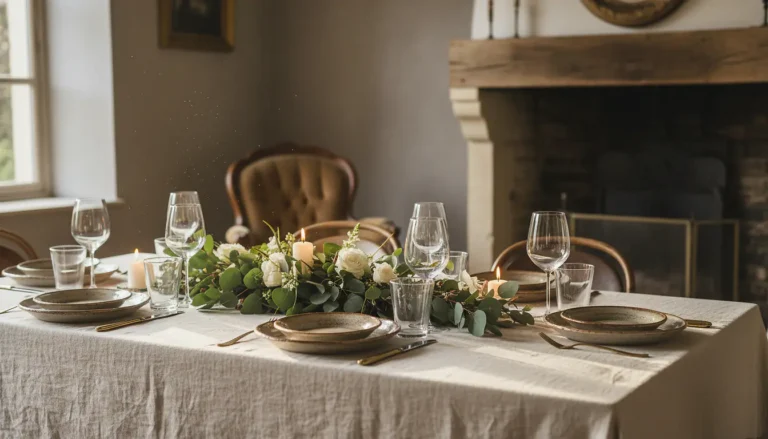 Table dressée avec nappe en lin naturel, centre floral champêtre et bougies blanches