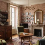 Salon vintage avec meubles chinés, luminaires en laiton et vaisselle ancienne, décoration rétro authentique