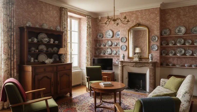 Salon vintage avec meubles chinés, luminaires en laiton et vaisselle ancienne, décoration rétro authentique