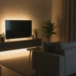 Salon cosy avec ruban LED blanc chaud sous meuble TV flottant et lumière indirecte dorée sur le mur