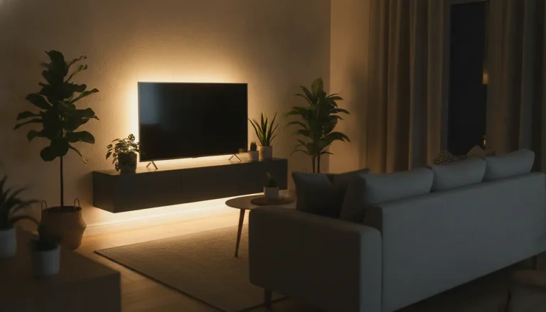 Salon cosy avec ruban LED blanc chaud sous meuble TV flottant et lumière indirecte dorée sur le mur