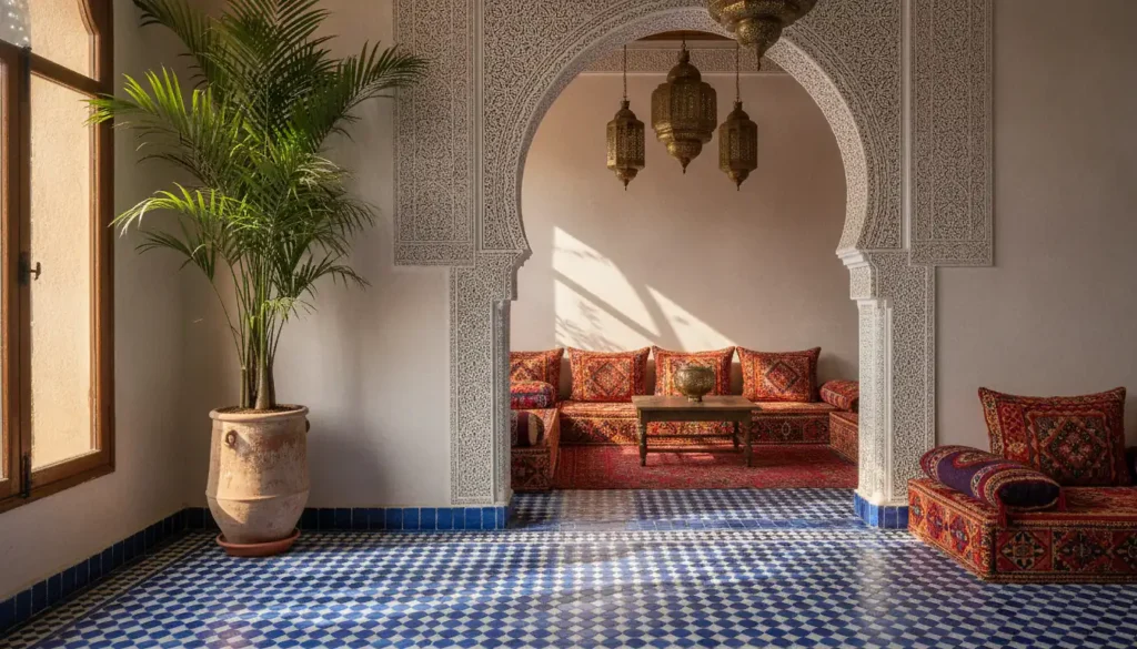 Salon décoré dans le style Alhambra avec zellige bleu cobalt, arche mauresque et lanternes en laiton perforé