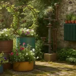 Jardin décoré avec des pièces métalliques recyclées, bidons colorés et roues de vélo en treillage