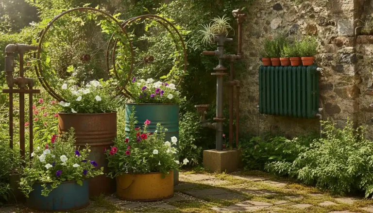 Jardin décoré avec des pièces métalliques recyclées, bidons colorés et roues de vélo en treillage
