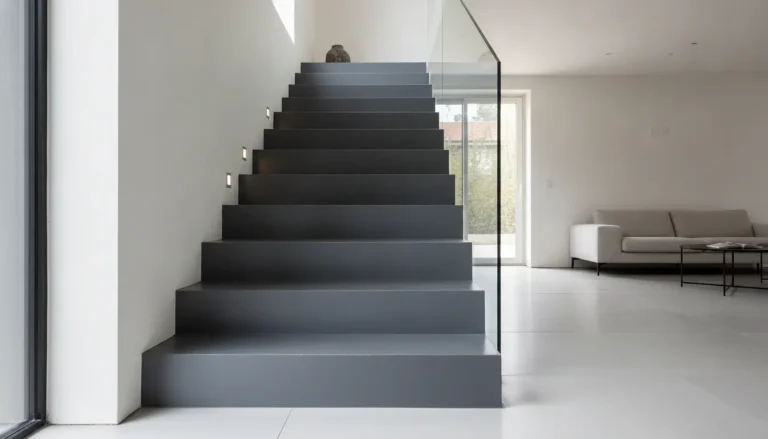 Escalier en béton peint gris anthracite avec finition satinée polyuréthane, intérieur contemporain