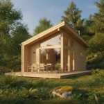 Maison colibri compacte en bois clair avec terrasse et jardin verdoyant