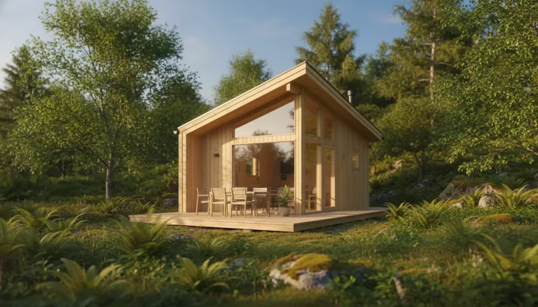 Maison colibri compacte en bois clair avec terrasse et jardin verdoyant