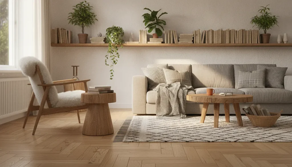Salon chaleureux aux accents bois, étagères en chêne naturel et parquet massif, style scandinave