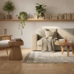 Salon chaleureux aux accents bois, étagères en chêne naturel et parquet massif, style scandinave