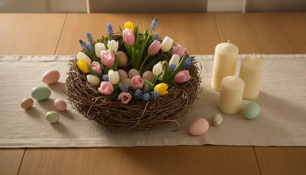 Table de Pâques élégante avec centre de fleurs printanières, oeufs pastel en osier et bougies ivoire sur nappe en lin