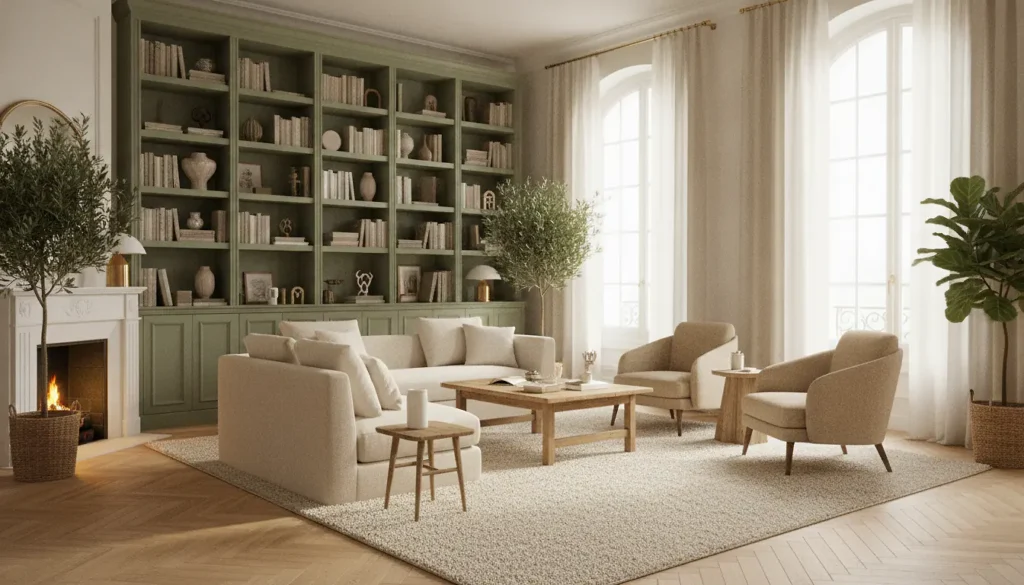 Salon rénové façon Maison France 5, bibliothèque intégrée en vert sauge, parquet clair et palette de tons neutres