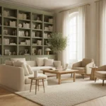 Salon rénové façon Maison France 5, bibliothèque intégrée en vert sauge, parquet clair et palette de tons neutres