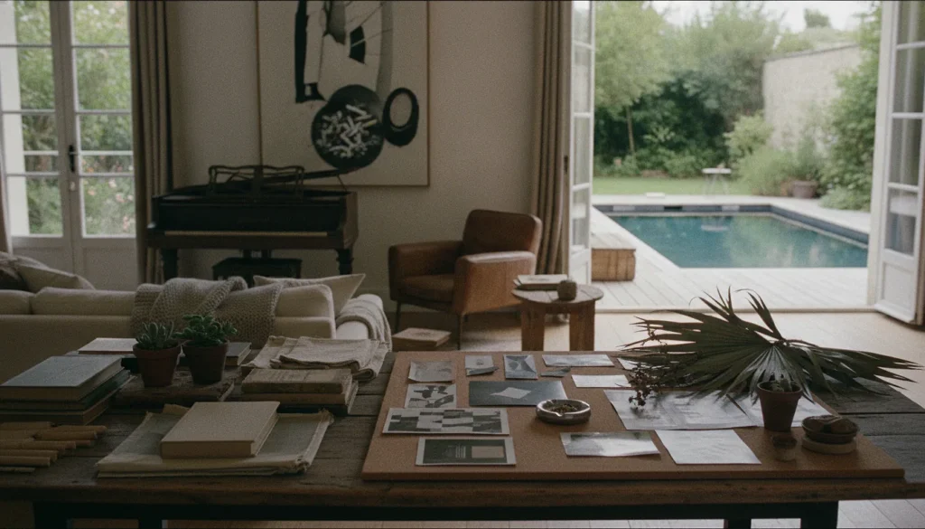 Intérieur style Gainsbourg avec murs sombres, accumulation de tableaux et velours bordeaux dans un appartement parisien